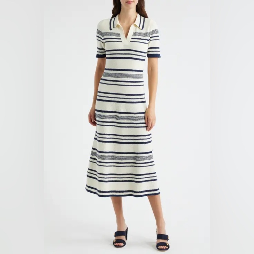Zoe and Claire Striped Navy and White Midi Polo Dress